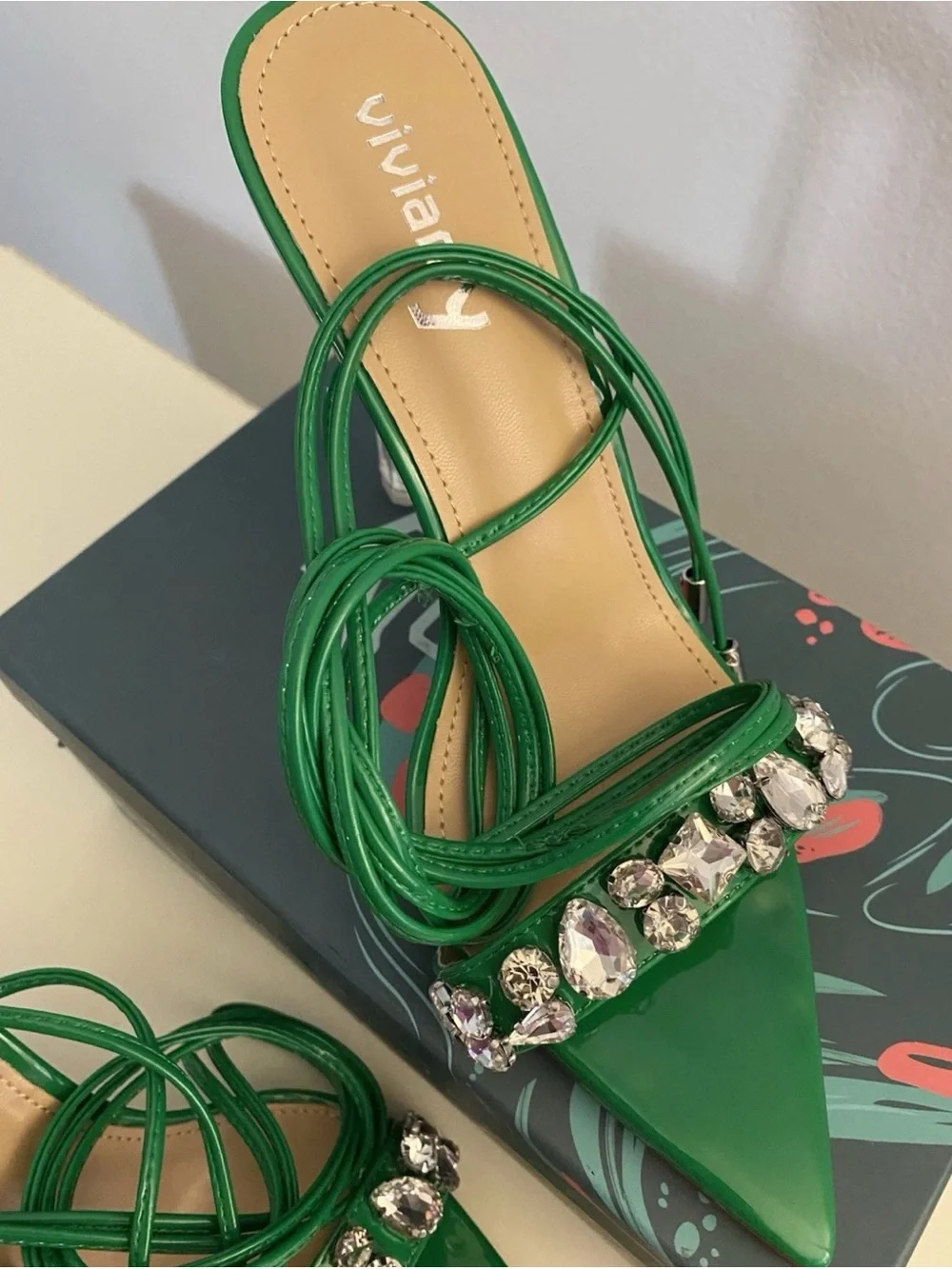 Vivianly Green Wrap-Ankle Crystal-Embellished Stiletto Sandals